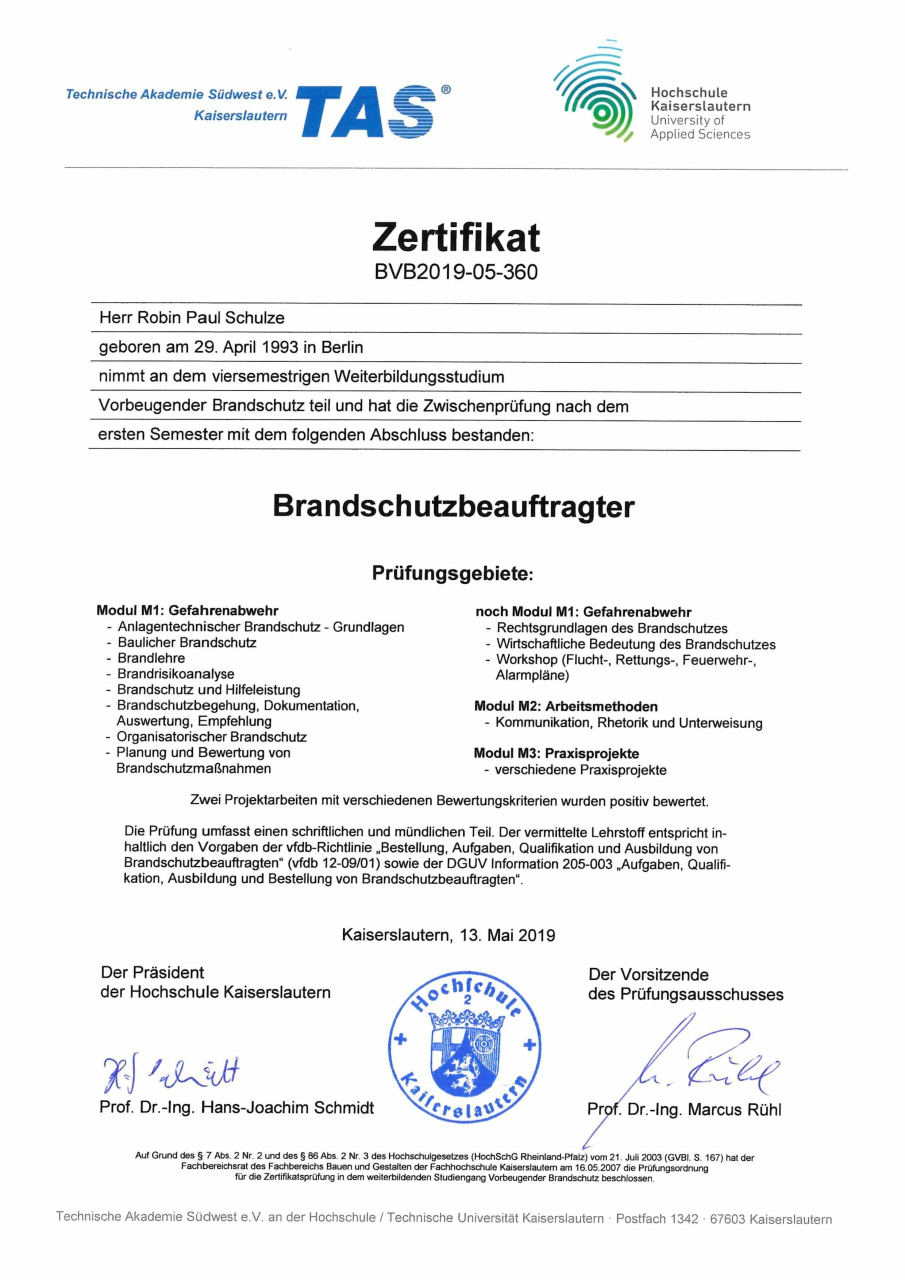 Zertifikat Brandschutzbeauftragter